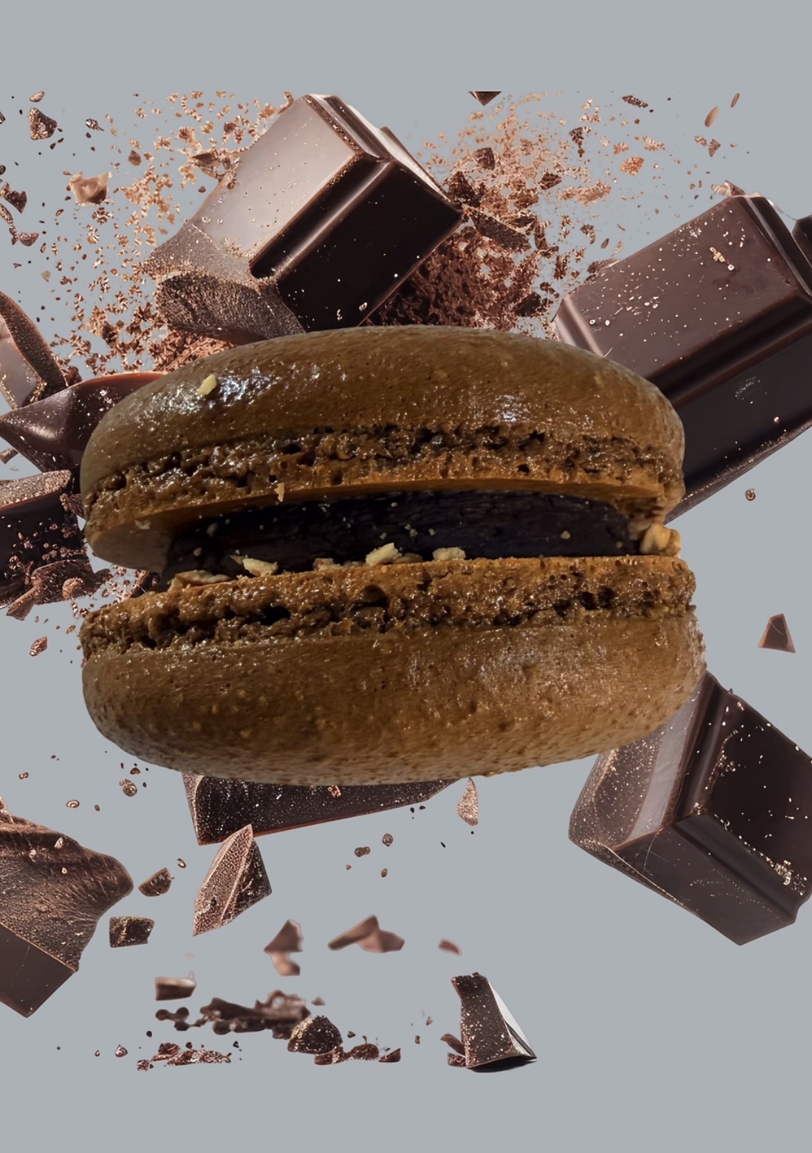 Macaron artisanal chocolat fleur de sel entouré d'éclats de chocolat noir, Mme Macarons Marseille