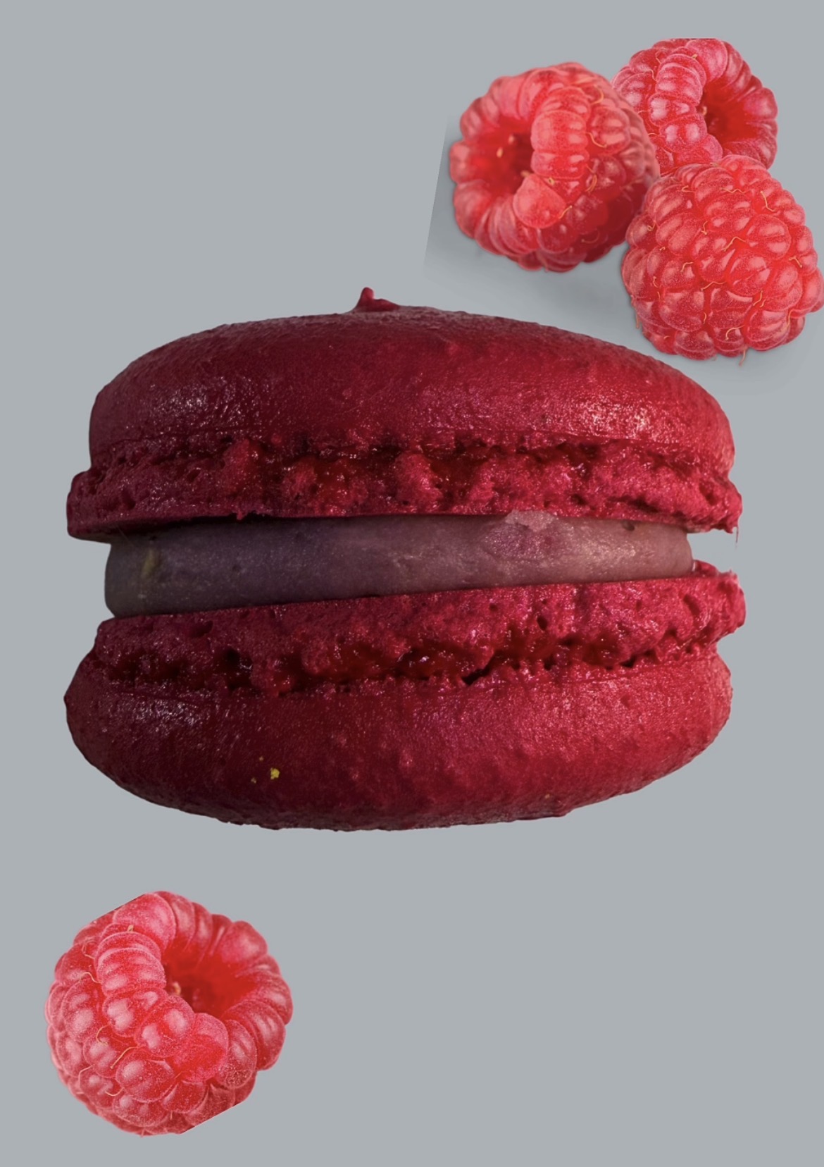 Macaron artisanal framboise garni de ganache, entouré de framboises fraîches, Mme Macarons Marseille