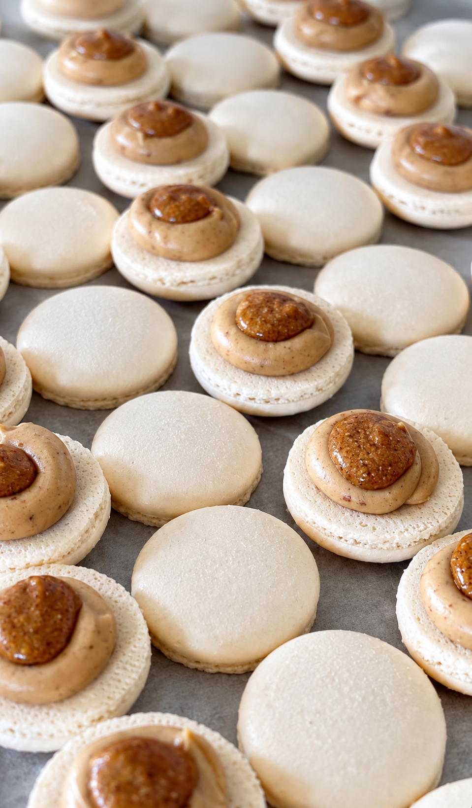 Rangées de coques de macarons garnies de caramel sur le plan de travail de l'atelier